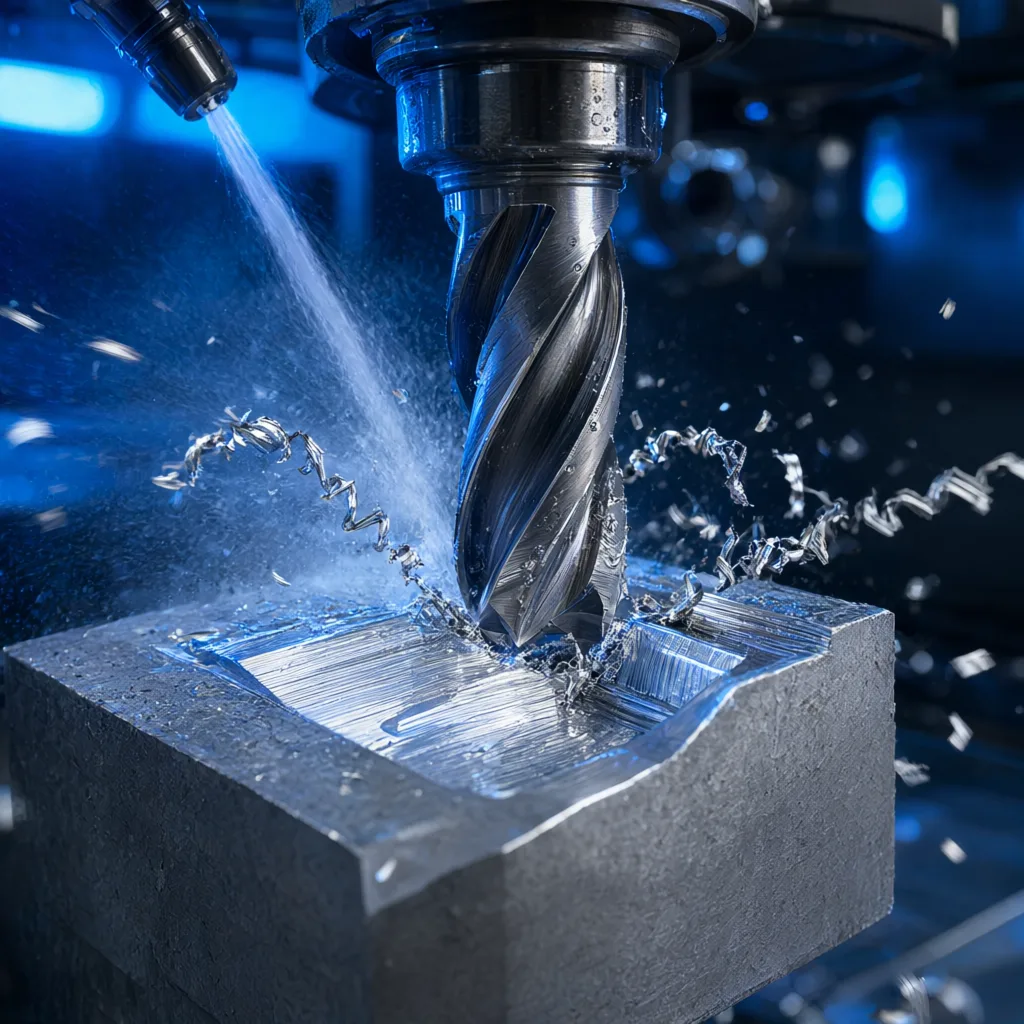 End mill cutting an aluminium workpiece on a CNC machining center