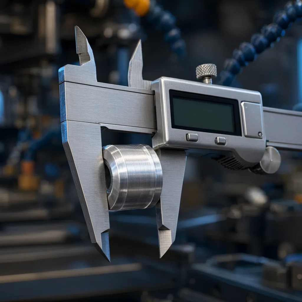Caliper gauging a machined part in the inspection room